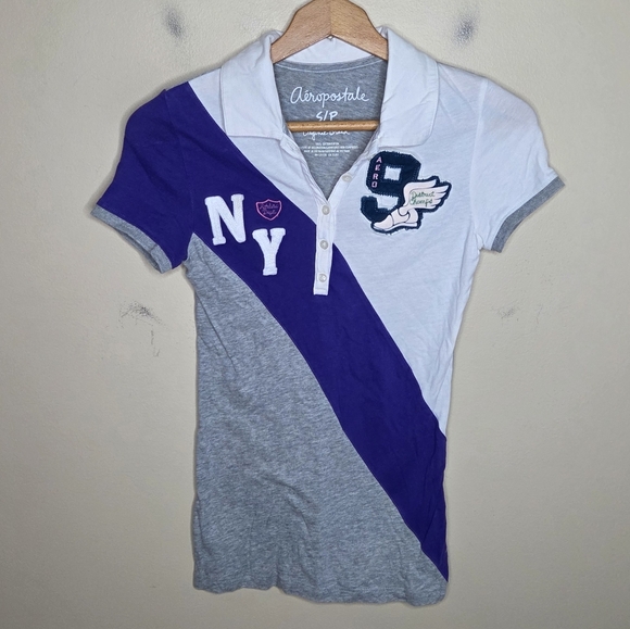 Y2K Aerpostale | Sporty Colorblock Gray Purple Graphic Polo Shirt Size Small - Picture 5 of 5